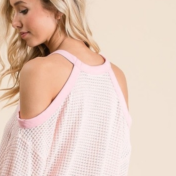 BiBi  Waffle Weave Top Cold Shoulder Pink Off-Shoulder Knit Sweater Pink - Picture 6 of 7